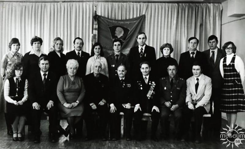 Participants of the Komsomol rallies of different generations. A.M. Lebedeva is sitting the third from the left. 1980