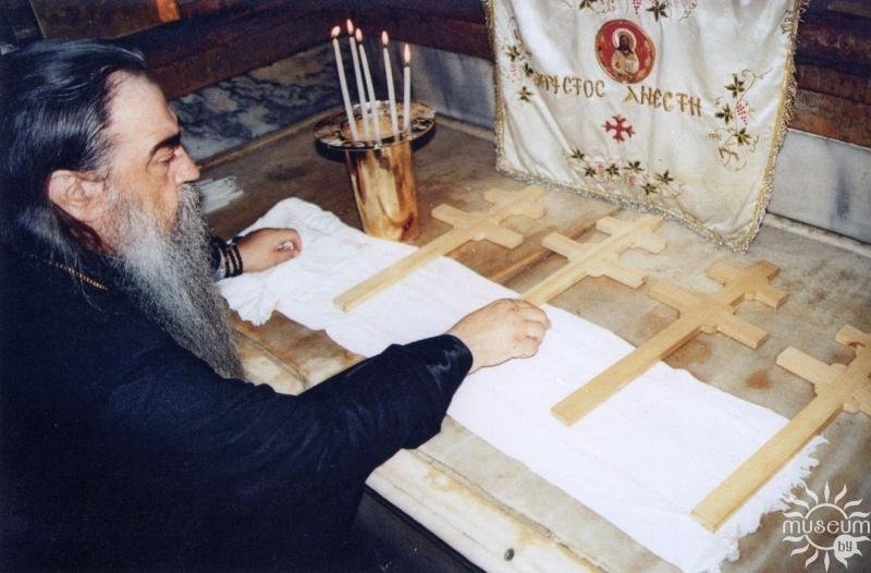 Metropolitan of Minsk and Slutsk Filaret, Patriarchal Exarch of All Belarus, consecrates the cypress base for the restoration of the Cross of St. Euphrosyne at the Holy Sepulcher in Jerusalem. 1992