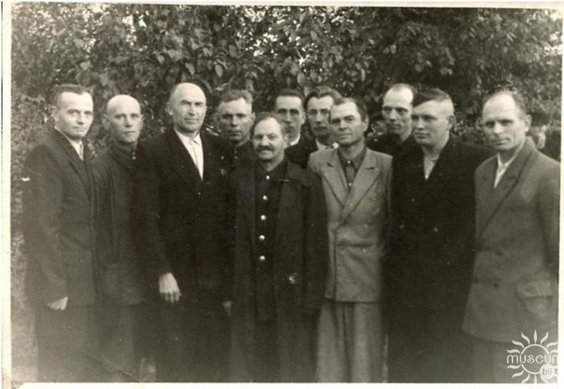 Meeting of former partisans of the Neulovimyye (Elusive) Brigade. G.S. Petrov is in the first row in the centre. 1950s